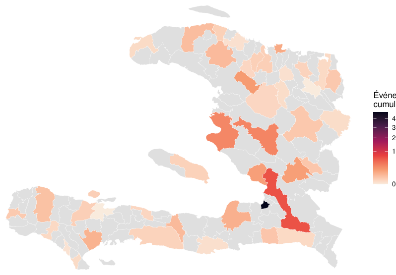 Carte des événements ACLED cumulés par commune, concentration sur la zone métropolitaine.