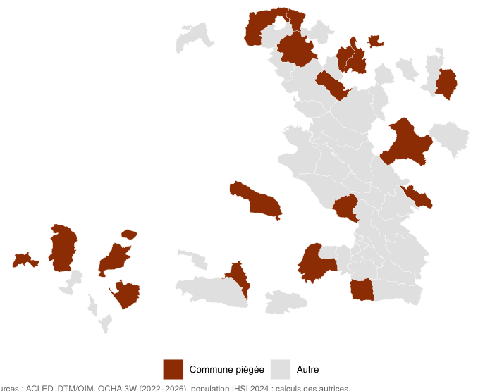 Carte isolant les communes piégées, violence forte et départ quasi nul.