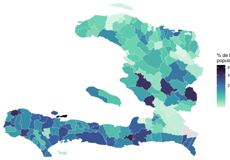 Carte de la part des déplacés dans la population communale, jusqu'à plus de 60 pour cent.