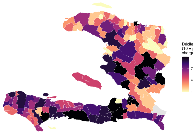 Carte des déciles de concentration du déplacement, dernier décile en foncé.