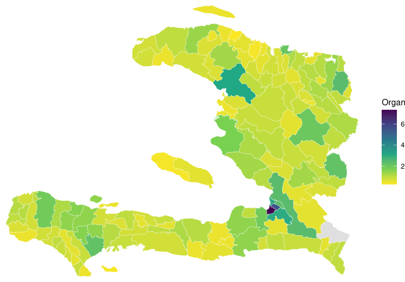 Carte du nombre d'organisations humanitaires déclarées par commune.