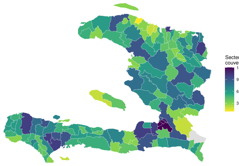 Carte du nombre de secteurs humanitaires couverts par commune, décroissant loin des centres.