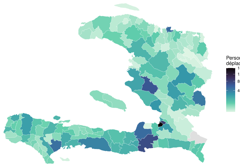 Carte du stock de personnes déplacées hébergées par commune.